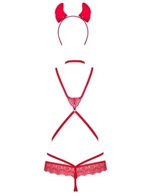 Эротический костюм чертика из стреп Obsessive Evilia teddy red L/XL, боди, чокер, накладки на соски,