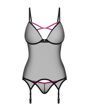 Корсет Obsessive Novenes corset & thong, M/L, прозрачный, открытая спина, стринги в комплекте