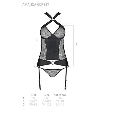 Сетчатый комплект корсет с халтером, съемные подвязки и трусики Passion AMANDA CORSET 2XL/3XL black