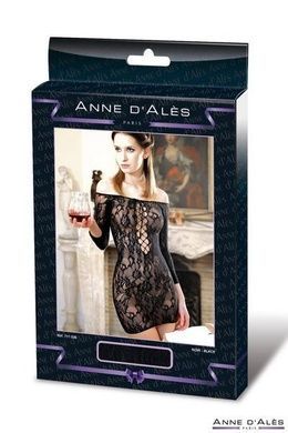 Кружевное эротическое миниплатье-сетка с рукавами и обнаженными плечами Anne De Ales XL черное