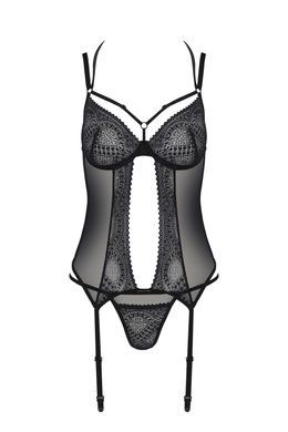 Корсет Passion DROSERA CORSET black, S/M, с креплениями для чулок, трусики в комплекте