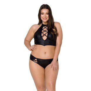 Комплект из экокожи Passion NANACY BIKINI 6XL/7XL black, бра и трусики с имитацией шнуровки