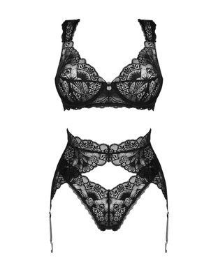 Комплект білизни Obsessive Donna Dream 3-pcs set M/L Black, бюстгальтер, стрінги, пояс для панчіх
