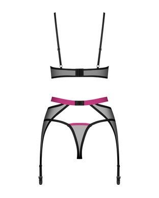 Комплект Obsessive Novenes 3-pcs set, XS/S, прозорий ліф на кісточках, стрінги, пояс