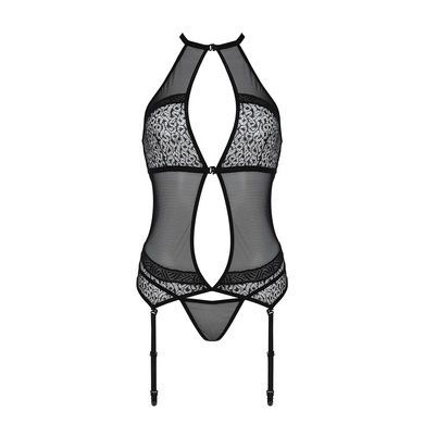 Корсет з пажами Passion SATARA CORSET XXL/XXXL black, стрінги, мереживо, застібки спереду та ззаду
