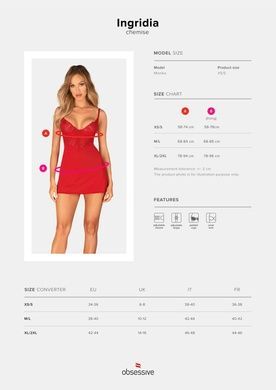 Пеньюар Obsessive Ingridia chemise & thong XS/S, червоний, Пеньюар, стрінги