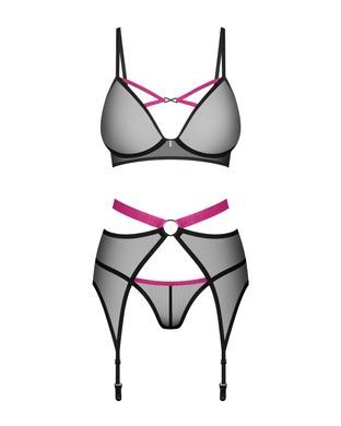 Комплект Obsessive Novenes 3-pcs set, XL/2XL, прозорий ліф на кісточках, стрінги, пояс