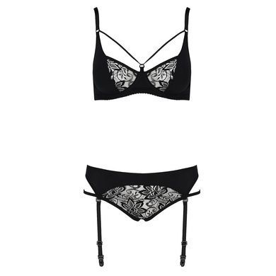 Комплект белья Passion PAULINE SET S/M, black, стрэпы, лиф, стринги и пояс для чулок