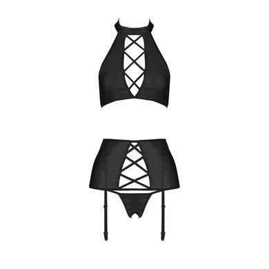 Комплект из эко-кожи с имитацией шнуровки Passion NANCY SET S/M black, топ, трусики, пояс для чулок