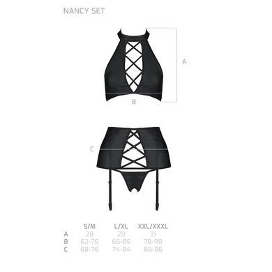 Комплект из эко-кожи с имитацией шнуровки Passion NANCY SET S/M black, топ, трусики, пояс для чулок