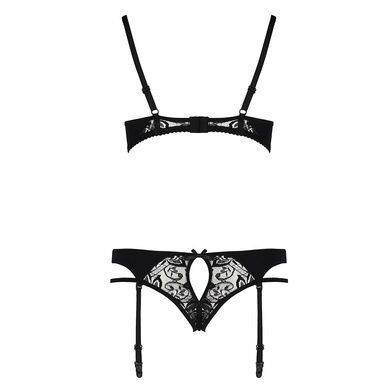 Комплект белья Passion PAULINE SET S/M, black, стрэпы, лиф, стринги и пояс для чулок