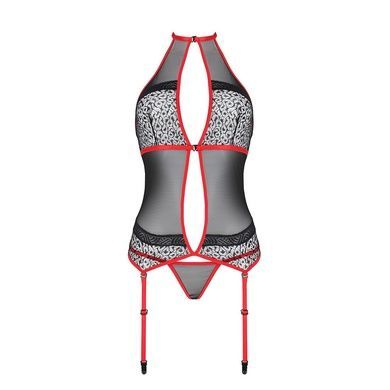 Корсет с пажами Passion SATARA CORSET XXL/XXXL red, стринги, кружево, застежки спереди и сзади