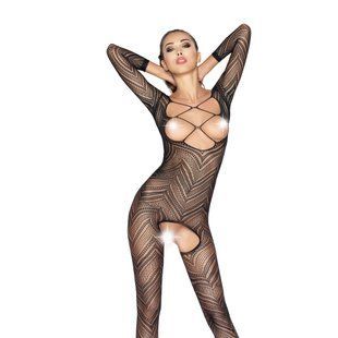 Бодістокінг Passion BS040 black, комбінезон з відкритими грудьми S/M/L