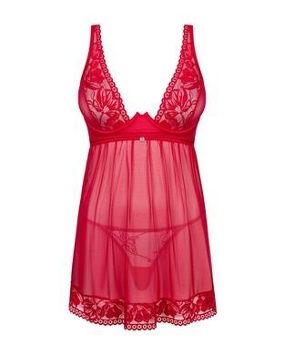 Прозорий пеньюар бебі-дол Obsessive Lacelove babydoll & thong XL/2XL Red, мереживо, стрінги