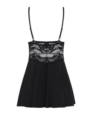 Сатиновый пеньюар с кружевом Obsessive 810-BAB-1 babydoll & thong S/M, черный, пеньюар, танга