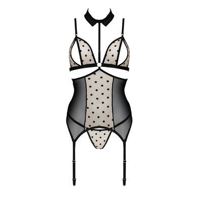 Корсет з відкритими грудьми Passion DOMINICA CORSET S/M beige, пажі для панчіх, стрінги